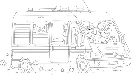 Ambulance car with a doctor and a driver hurrying to rescue, black and white vector cartoon illustration for a coloring book page