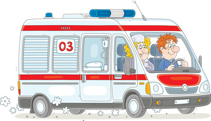 Ambulance car with a doctor and a driver hurrying to rescue, vector cartoon illustration isolated on a white background