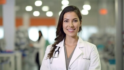 Fototapeta premium a beautiful smiling young female doctor in front of a blurry white hospital laboratorium background generative