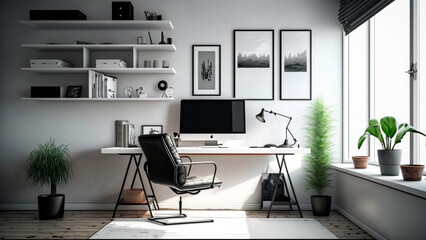 Comfortable home office with modern computer and houseplants in room. Interior design, surrounded by minimalist decor, generative ai