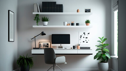 Comfortable home office with modern computer and houseplants in room. Interior design, surrounded by minimalist decor, generative ai