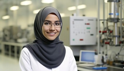 a beautiful smiling young female scientist in front of a blurry white laboratory background