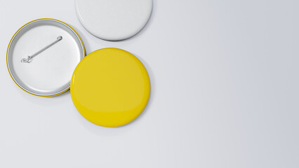 Yellow circle pin badge mockup and copy space on white background.