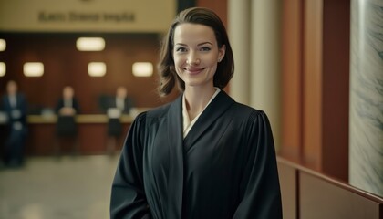 a beautiful smiling female prosecutor wearing prosecutor's robe inside a blurry courthouse background - obrazy, fototapety, plakaty