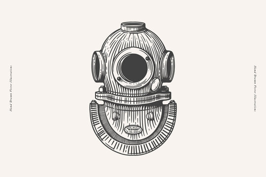 Diver's helmet in engraving style. Diving vintage symbol. Vintage vector illustration for postcard, book or tattoo design.