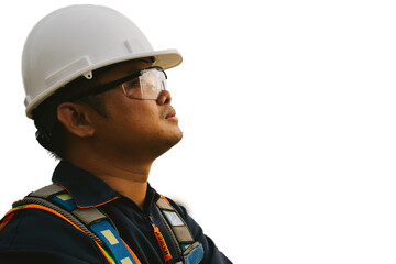 Asian electrical engineer wearing safety gear looking at high voltage power station in maintenance...