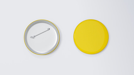 Yellow circle pin badge mockup on white background. top view, flat lay.