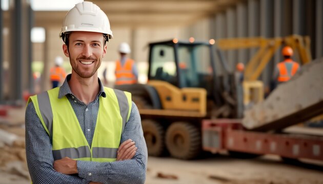  a beautiful smiling young engineer in front of a blurry construction background generative ai