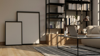 Interior design of modern loft contemporary living room with frame mockup on the floor