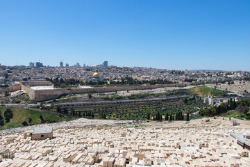 Jerusalem old city and the ancient Jewish cemetery in the Mount of Olives, Israel.