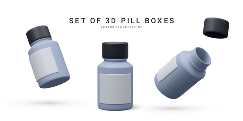 Set of 3d realistic pill box isolated on white background. Vector illustration