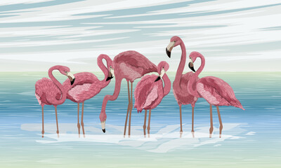 A flock of red flamingos stands in the water of a tropical sea. Wild birds of South America, Galapagos and Caribbean islands. Realistic vector landscape