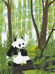 A large panda in an Asian forest. Asian animals. Realistic vector vertical landscape