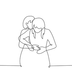 woman hugs a woman from behind kissing her on the head, a woman takes her hands away - one line drawing vector. concept lesbian couple hugging, sexual harassment, tactile and non tactile person