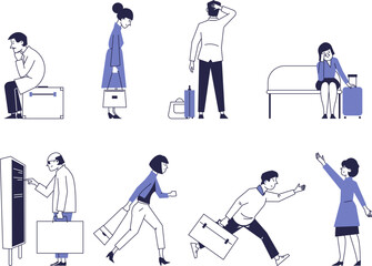 Set of people in a hurry, late, waiting for flights, buses, trains.