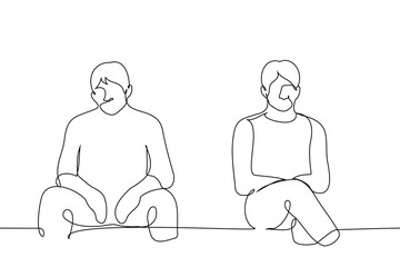 men sit side by side but separately - one line drawing vector. concept strangers on the bench, male friends quarreled