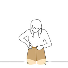 woman putting on flesh-colored nylon tights - one line drawing vector. concept woman putting on pantyhose