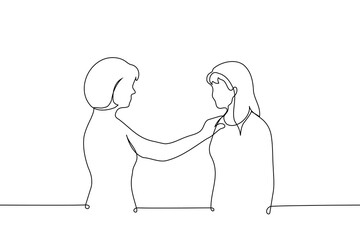 woman put her hand on the shoulder of another woman friend, sister or lover - one line drawing vector. concept women support women - obrazy, fototapety, plakaty