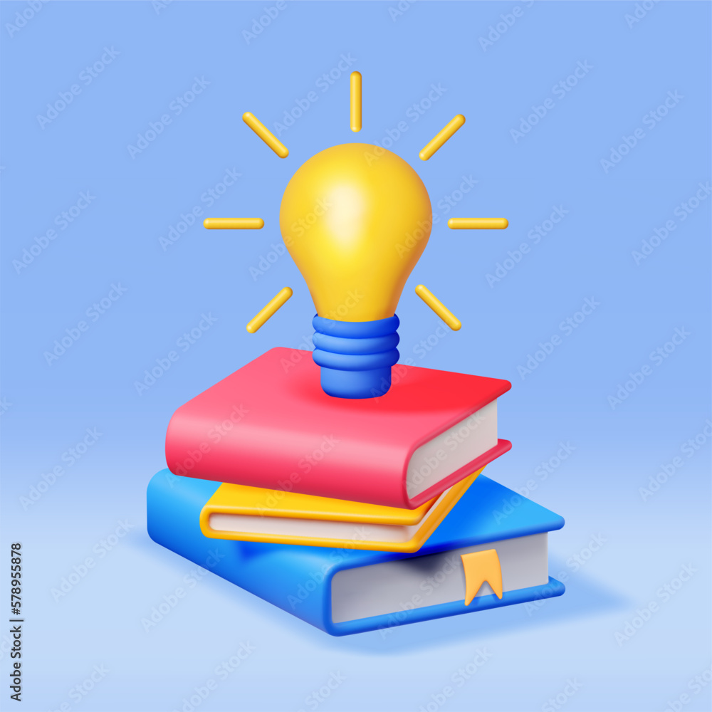 Poster 3d stack of closed books with light bulb. render pile of books and idea bulb. set of educational or 