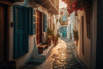 Streets of Mykonos Greece Island. Generative AI - obrazy, fototapety, plakaty