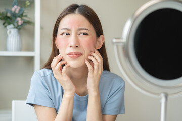 Dermatology, scratch asian young woman looking at mirror, expression worry and itch, itchy allergy...