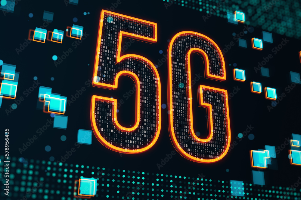 Poster Fast speed internet connection and innovation technologies concept with digital orange 5g symbol on dark background with blue pixels around. 3D rendering