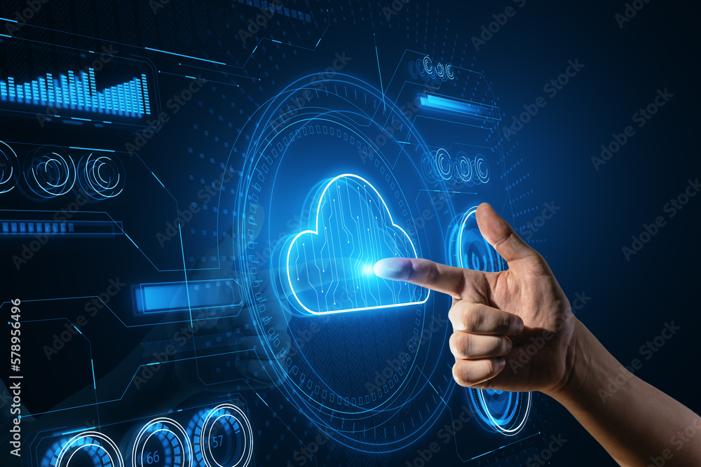 Aufkleber Close up of hand pointing at glowing cloud computing hologram on dark backdrop. Database concept.