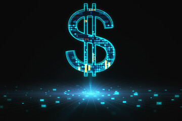 Money exchange and finance concept with blue dollar symbol with financial chart indicators on abstract dark background above big data visualization. 3D rendering
