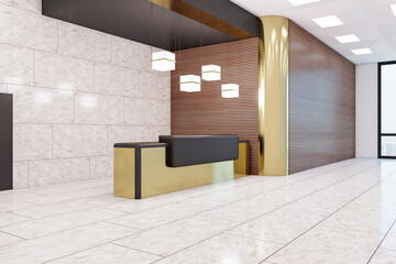 Perspective view on empty stylish dark and golden metallic reception desk in modern interior design business center office hall with wooden wall background and concrete floor. 3D rendering