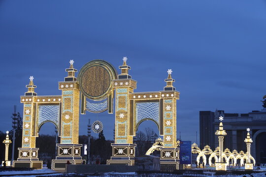MOSCOW, RUSSIA - MARCH 2023: Light installation at VDNKh against the blue evening sky.