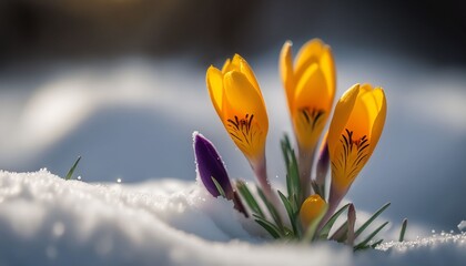 The first spring flowers yellow crocuses on the snow in nature in the rays of sunlight close-up macro, Generative AI