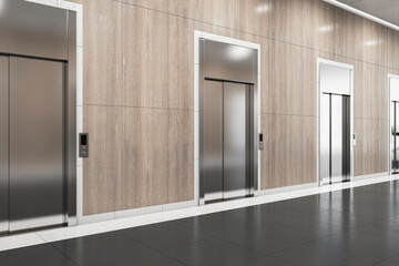 Perspective view on steel elevators in spacious business center corridor hall with wooden wall background and dark glossy floor. 3D rendering