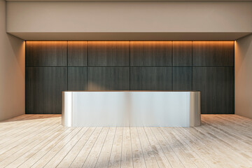 Front view on blank metallic stylish reception desk with place for your product presentation in stylish sunlit space with dark wall background and wooden floor. 3D rendering, mockup