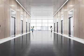 Front view on empty spacious business center corridor with wooden walls and place for product presentation on dark glossy floor between elevators on city view background. 3D rendering, mock up © Who is Danny