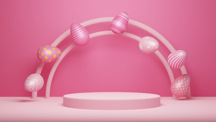 Happy easter product display stand. Easter podium on pastel pink background 3D rendering.