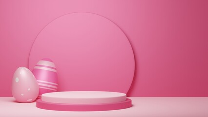 Happy easter product display stand. Easter podium on pastel pink background 3D rendering.