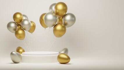 Happy easter product display stand. Easter podium on gold background 3D rendering.