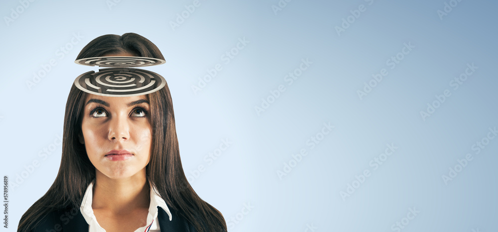 Poster abstract portrait of maze headed business woman on wide light background with mock up place. confusi