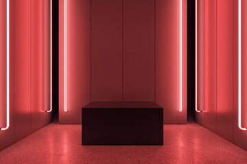 Abstract red room interior with pedestal and mock up place. 3D Rendering.