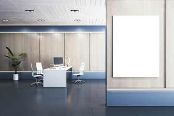 Modern wooden office interior with empty mock up banner on wall, furniture, equipment and decorative plant. 3D Rendering.