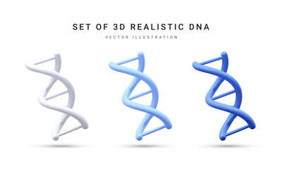 Set of 3d realistic medical spiral genetic dna for molecular chemistry, physics science, biochemistry in cartoon style isolated in white background. Vector illustration