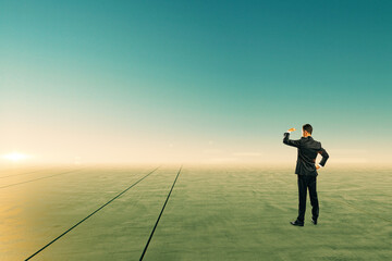 Businessman looking into the distance on abstract bright sky and ground background with mock up place.