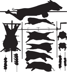 Barbecue (BBQ) meat vector silhouettes: pork, calf, lamp, poultry, skewer, roasting jack. Layered. Fully editable - obrazy, fototapety, plakaty
