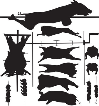 Barbecue (BBQ) meat vector silhouettes: pork, calf, lamp, poultry, skewer, roasting jack. Layered. Fully editable