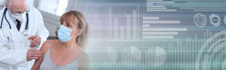 Doctor giving vaccin injection to female patient; panoramic banner