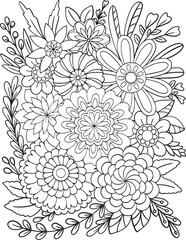 Hand drawn Flowers pattern. Doodle design for a coloring book or background decorative. Relaxation for adults and kids. Vector Illustration. 
