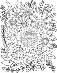 Hand drawn Flowers pattern. Doodle design for a coloring book or background decorative. Relaxation for adults and kids. Vector Illustration. 
