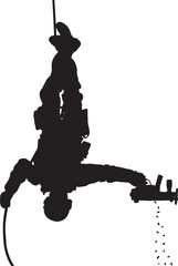 SWAT team soldier shooting while rappelling upside down vector silhouette. Fully editable - obrazy, fototapety, plakaty