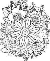 Hand drawn Flowers pattern. Doodle design for a coloring book or background decorative. Relaxation for adults and kids. Vector Illustration. 
