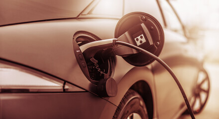 Close-up of the connected plug to the electric car